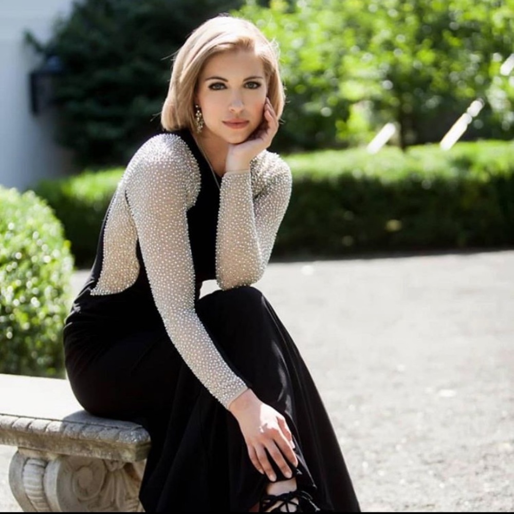 XSCAPE longsleeve studded color blocked gown